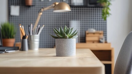 A minimalist workspace featuring a modern potted succulent on a wooden desk illuminated by a stylish lamp against a patterned wall