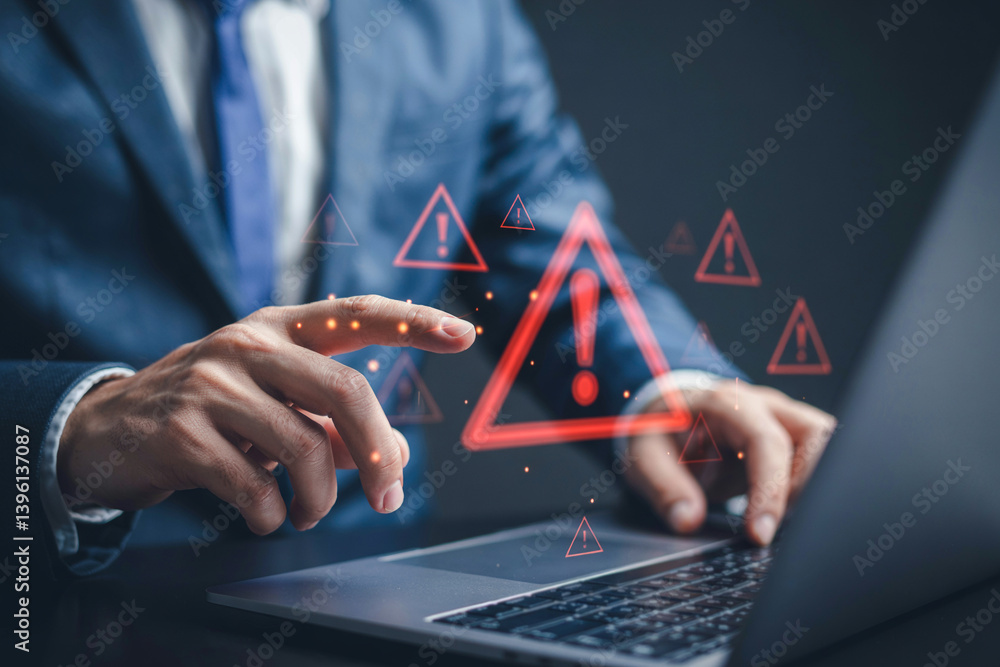 Poster Man using laptop with red warning signs indicating a cyber security threat or system error shown