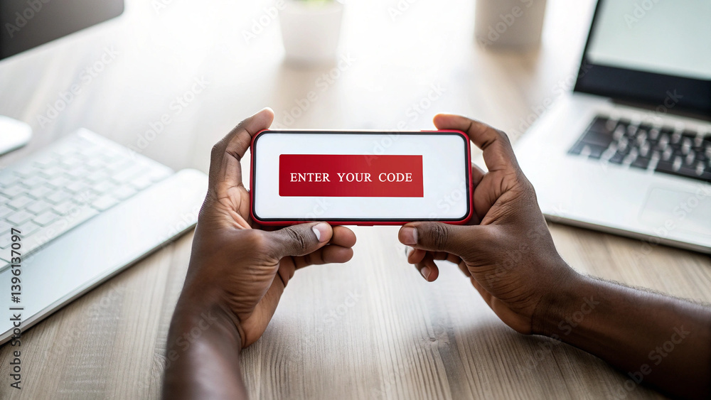 Poster Person holding smartphone displaying enter your code message with laptops on a wooden desk top