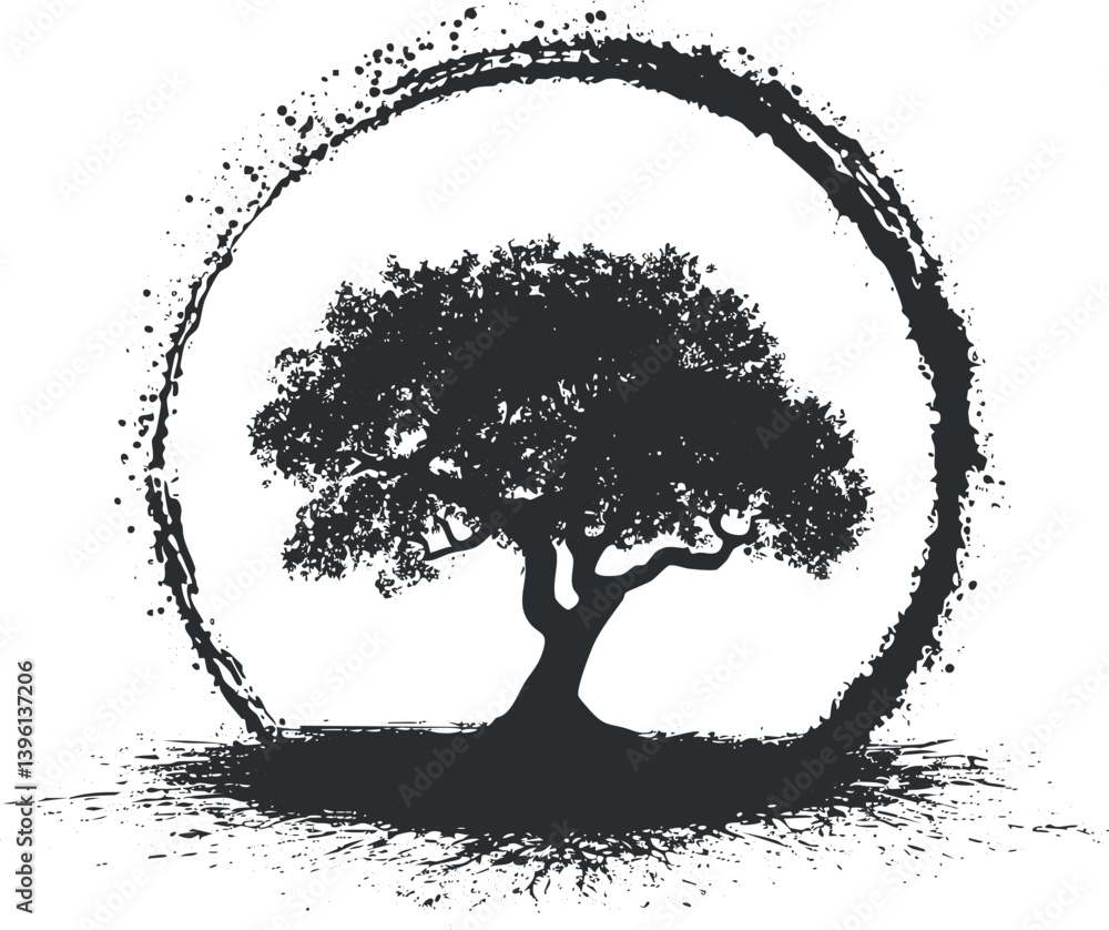 Poster a striking silhouette of a tree within a circular design symbolizing nature and growth.