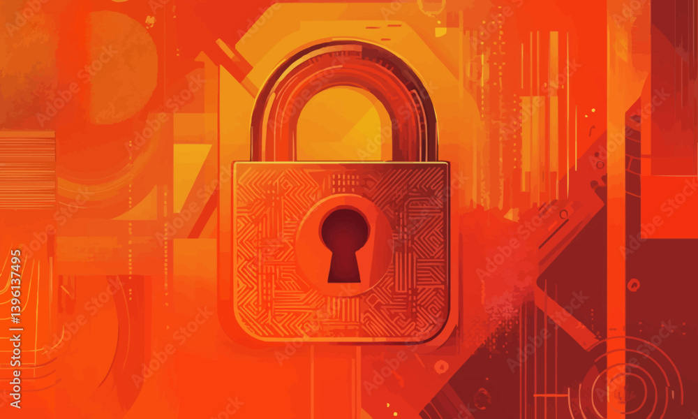 Aufkleber a vibrant orange background features a patterned padlock with a keyhole, surrounded by abstract shap