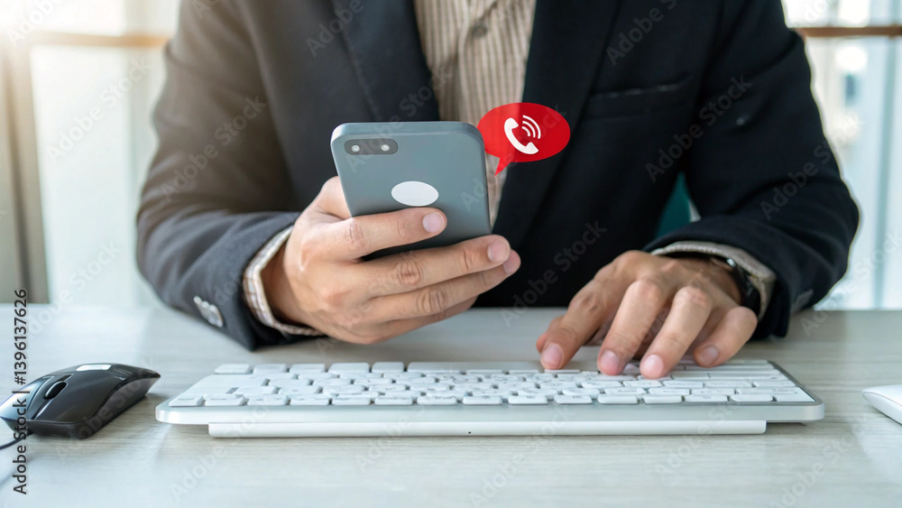 Aufkleber Man in suit using smartphone with call notification while typing on keyboard at desk in office setting