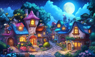 A whimsical and colorful illustration of an imaginative fantasy village at night, featuring quirky buildings and playful characters.