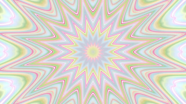 Psychedelic animated pattern of flower mandala. Groovy retro abstract background. Star burst. Bouncing motion of transforming shapes in white light blue soft green yellow pink pale orange magenta red
