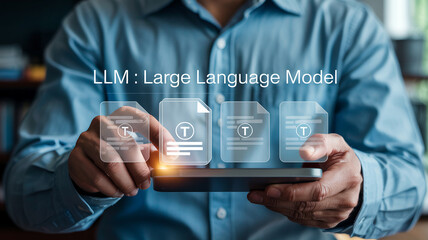 Man using smartphone with llm large language model interface and document icons overlayed on screen view