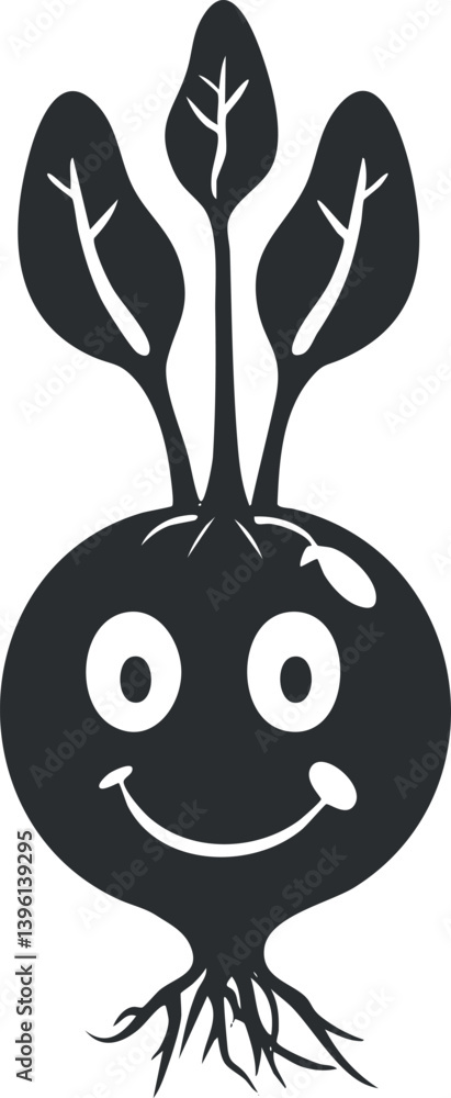 Poster a playful cartoon vegetable character with a smiling face and whimsical design features.