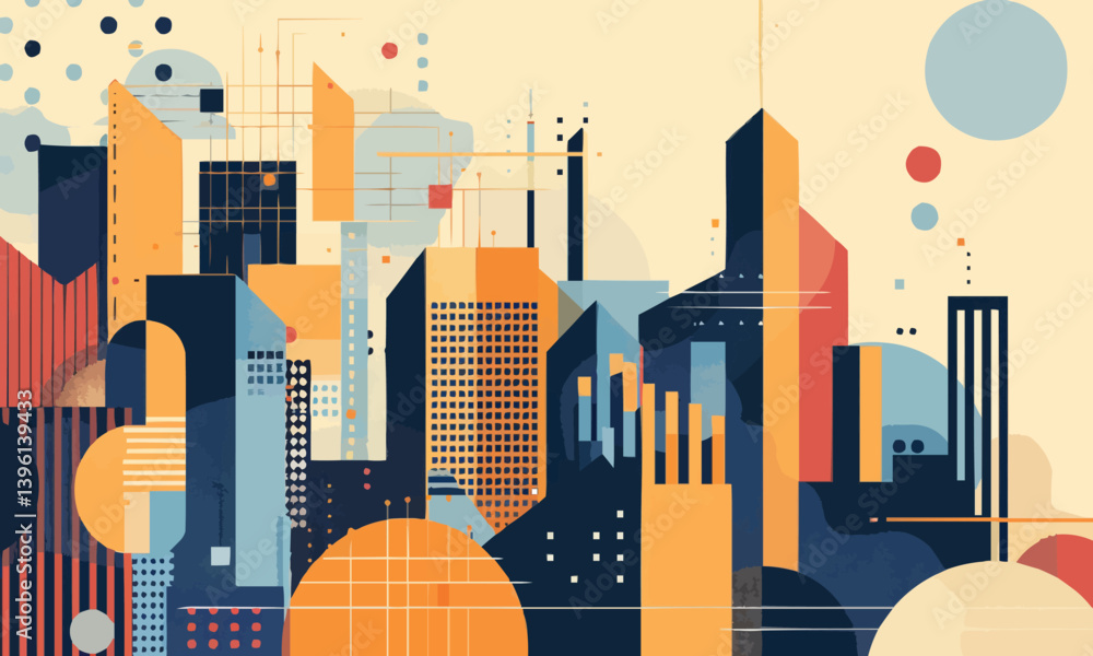 Poster abstract cityscape seamlessly blending with geometric elements illustrating the fusion of urban plan