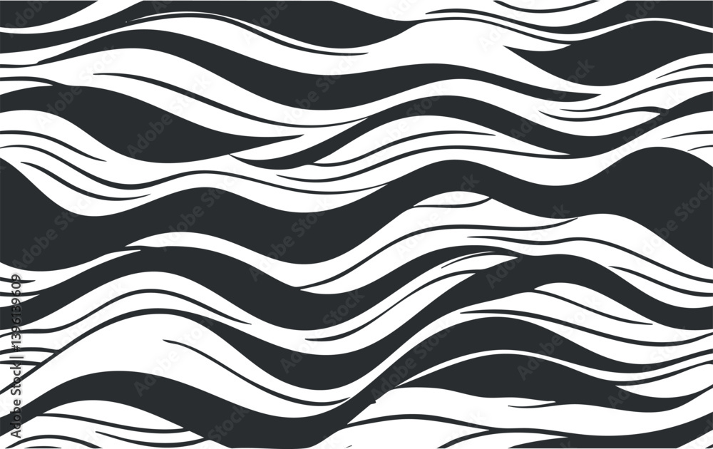 Aufkleber a modern abstract wave pattern in black and white featuring smooth flowing lines.