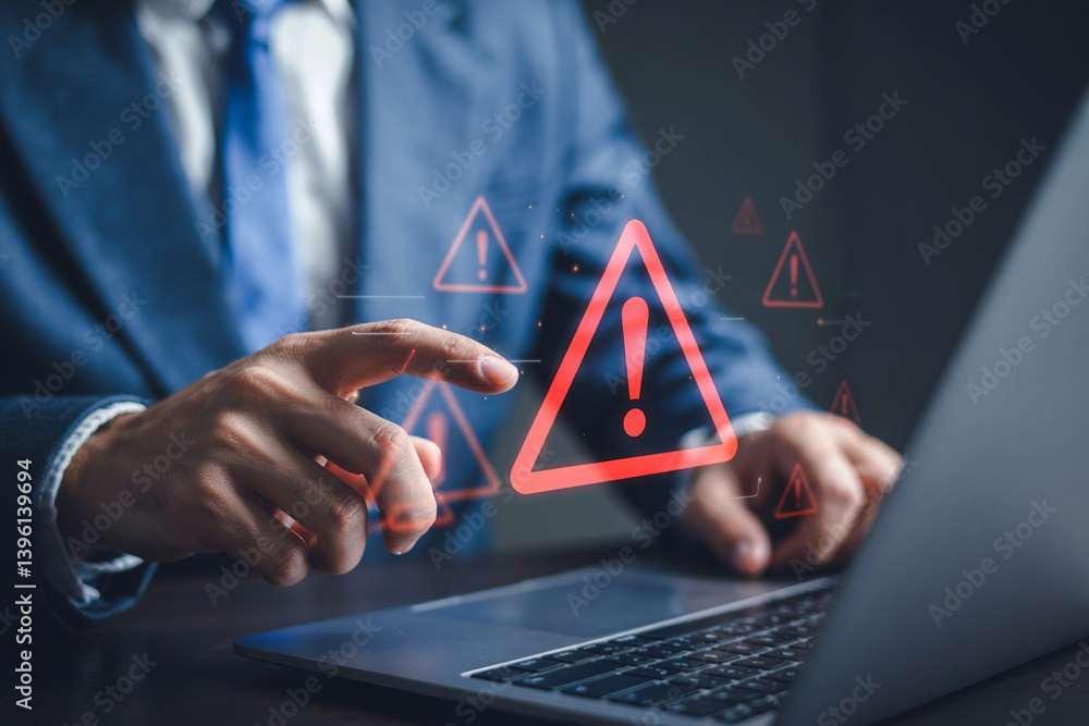 Aufkleber Man pointing at laptop screen with red warning signs indicating security threat and potential vulnerability