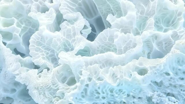 View of intricate White Coral formations, showcasing delicate textures and patterns in shades of white and light blue. The coral appears ethereal and almost translucent, creating a serene.