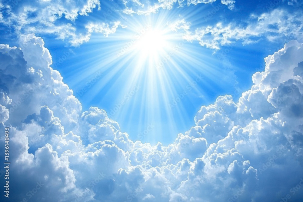 Poster sunburst shining through fluffy clouds creating a heavenly sky scene