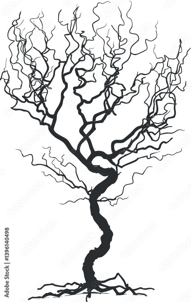 Poster a minimalist silhouette of a twisted tree with intricate branches and no leaves.