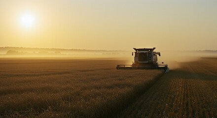 Naklejka premium Golden wheat field at sunrise with a modern combine harvester in action 35mm