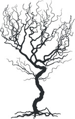 A minimalist silhouette of a twisted tree with intricate branches and no leaves.