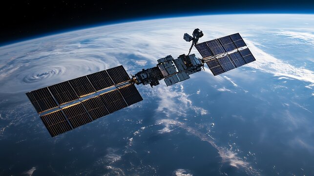 A stunning view of a satellite orbiting Earth, showcasing its solar panels against the backdrop of a swirling storm above the planet's surface, with the curvature of Earth visible in the distance