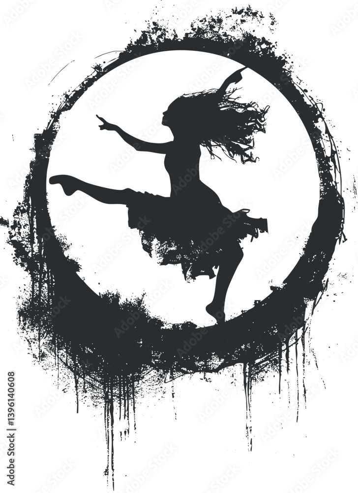 Poster a dynamic silhouette of a dancer in motion within a circular design showcasing elegance and grace.