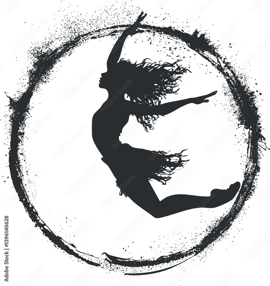 Poster dynamic silhouette of a dancer leaping within a circular splash representing freedom and expression.
