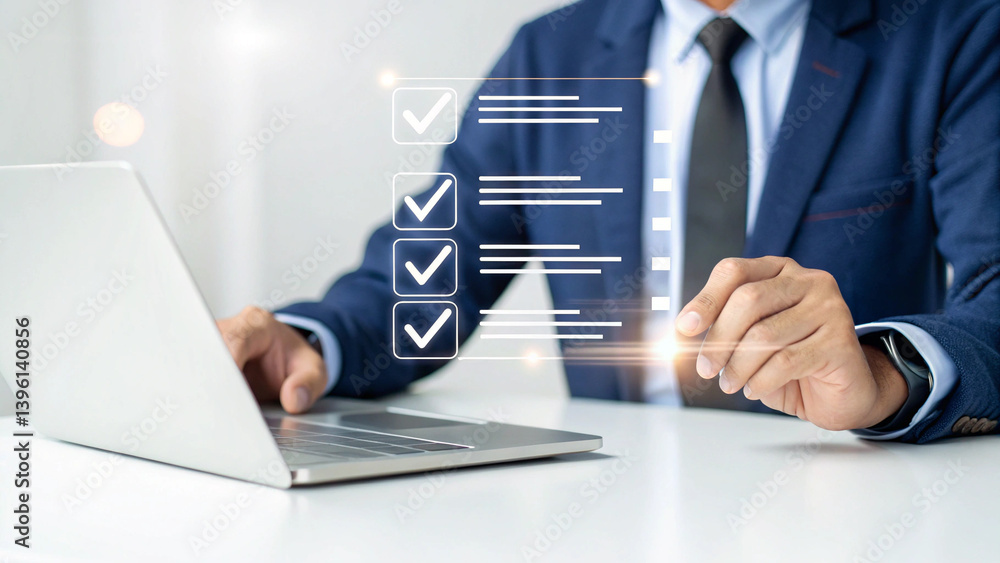 Poster Businessman using laptop with digital checklist interface for task management and productivity