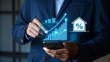Person using smartphone with augmented reality graph and house with percentage sign overlayed on screen