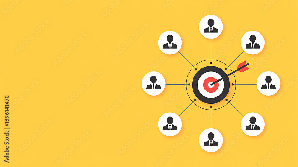 Poster illustration of target with arrow and human icons connected on a yellow background design element