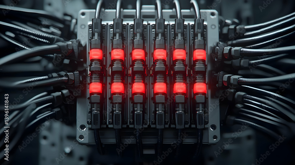 Poster complex technological circuit board with red lights