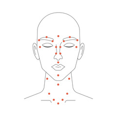 Face Points for Acupuncture. Reflexology concept. Young woman head line icon. Vector illustration. 