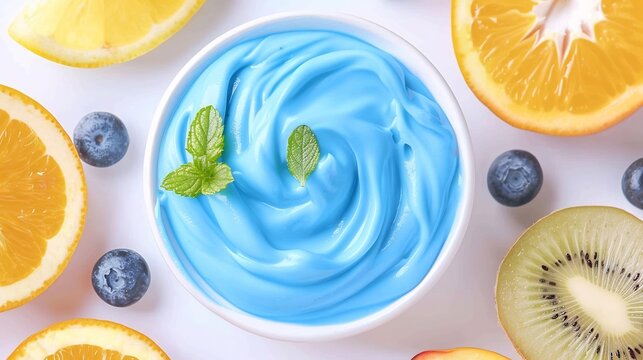 Electric blue spirulina yogurt dip glowing smooth served with fresh tropical fruit slices