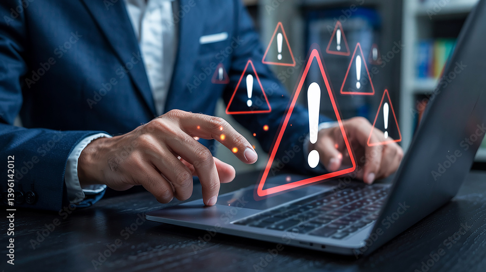 Poster person in suit using laptop with red warning signs indicating a security threat or potential error o