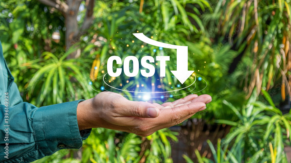 Poster a hand holding cost text with arrow down and digital elements against green foliage background outdo