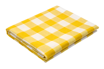 Folded yellow and white checkered tablecloth on transparent background