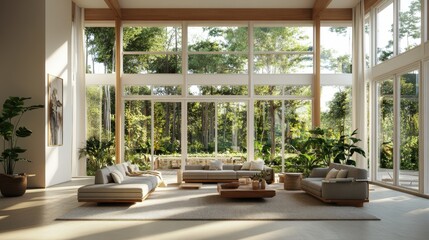 A sunlit living room opens up to a lush green outdoor view