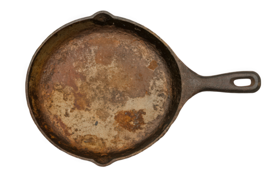 Old rustic cast iron skillet with a worn surface and handle, showcasing its character.