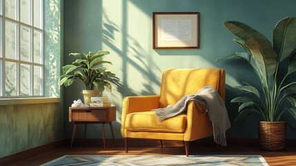 A cozy counseling office with a comfortable armchair, a soft throw blanket, and a small side table with a potted plant and a box of tissues.