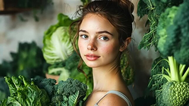 Healthy Eating, Green Goodness: A Portrait of a Young Woman with Fresh Vegetables