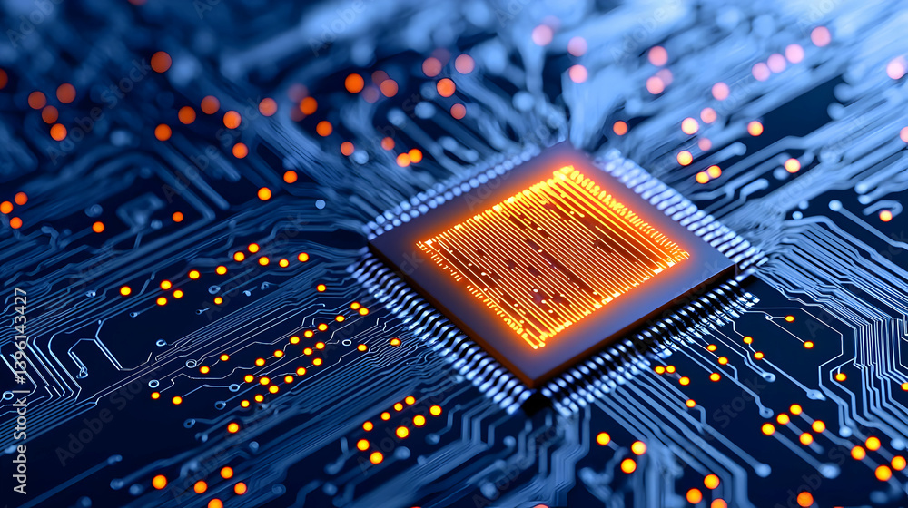 Poster close up view of glowing processor on circuit board