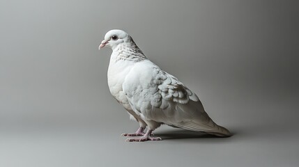 White pigeon studio shot, neutral background, bird profile, peace symbol