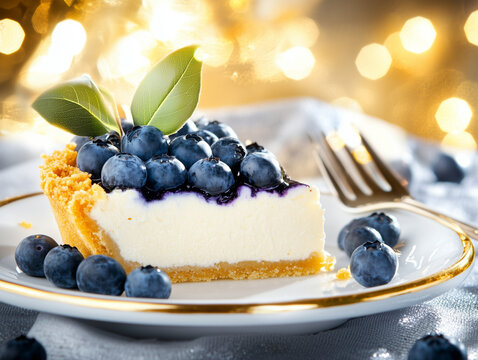 Blueberry cheesecake slice on elegant plate with golden bokeh lights