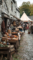 A bustling medieval marketplace unfolds down a cobblestone street lined with stone buildings and merchants selling fresh produce, meats, and handcrafted goods under a striped tent.