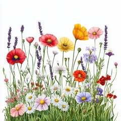 Fototapeta premium Wildflower meadow with colorful assorted flowers on white background