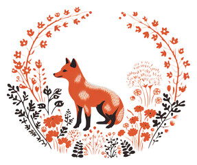 PNG Simple fox in flowers circle mammal animal art.