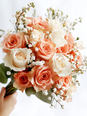 Obraz premium Hand holding peach and white bridal bouquet with gypsophila flowers