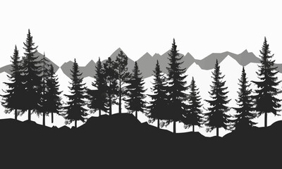 Black silhouette of mountains and forest fir trees camping landscape panorama illustration icon vector for logo, isolated on white background