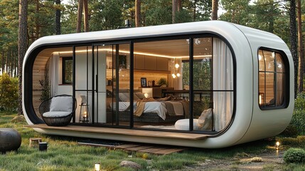 Modern, eco-friendly, minimalist cabin nestled in nature