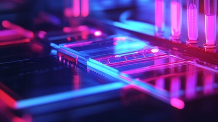 Vibrant close-up of a futuristic circuit board illuminated with pink and blue neon lights, highlighting intricate connections and technology