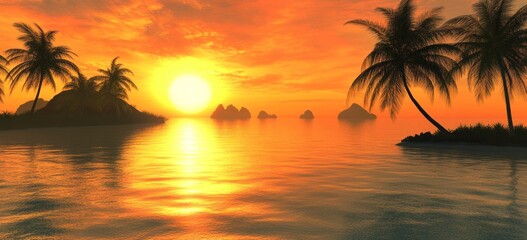 Sunset at Tropical Island Paradise with Palm Trees and Ocean View