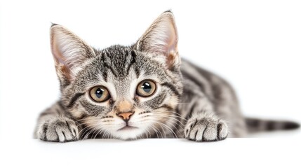 Fototapeta premium Cute tabby kitten lying down, white background, studio shot, pet adoption