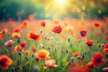 Fototapeta premium Miniature Poppy Field: Charming Floral Seamless Pattern Background