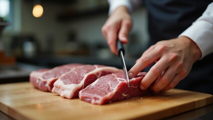 Close-up of a Young Chef Cutting Raw Pork Neck for Grilling Culinary Preparation Shot