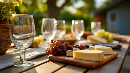 Wide shot of outdoor tasting table with cheese, grapes, and glasses, soft afternoon light