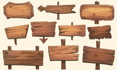 Cartoon wood blank banners. Empty message boards graphics, rustic wooden planks label signs vector illustration